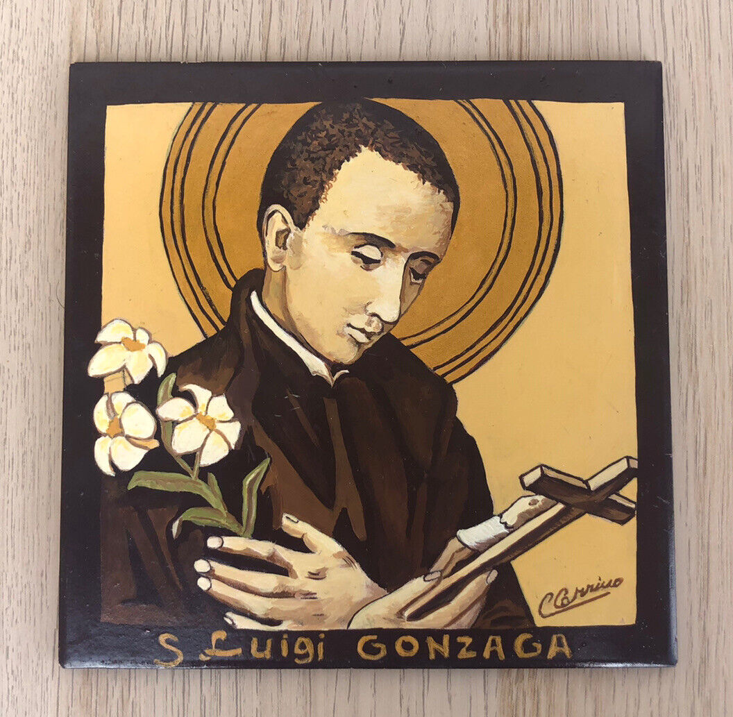 Dipinto San Luigi Gonzaga su mattonella Vintage