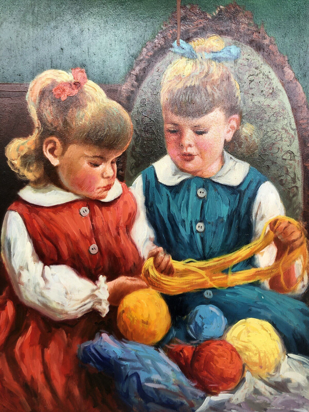 Quadro -Fanciulle Con Gomitoli Di Lana- dipinto a olio su tavoletta