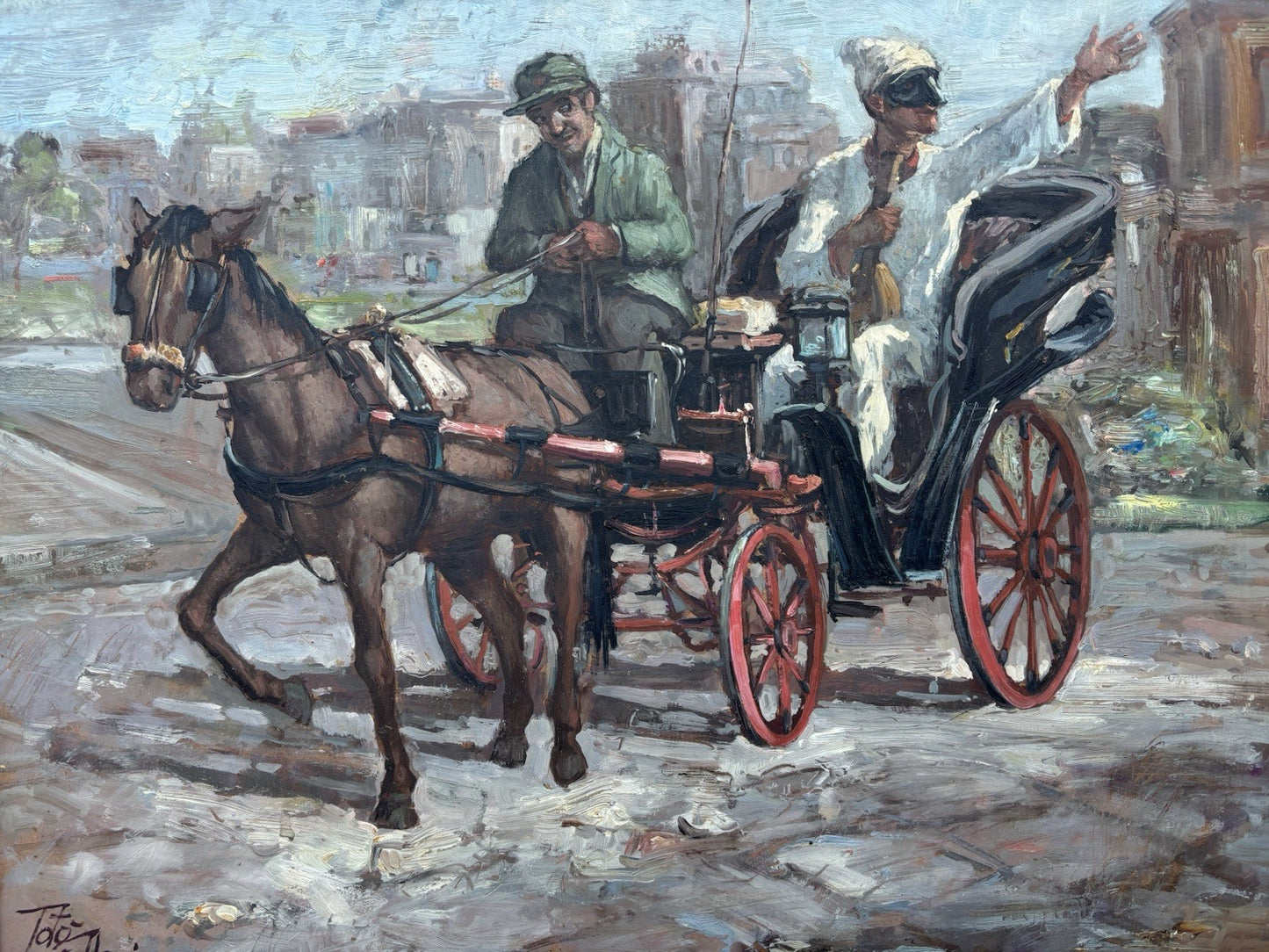 Quadro -Pulcinella In Carrozza- dipinto a olio