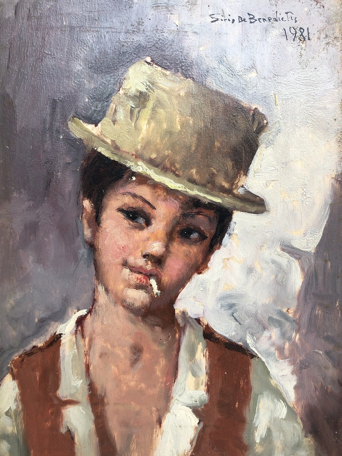 Quadro vintage -Scugnizzo Con Sigaretta- dipinto a olio su tavoletta