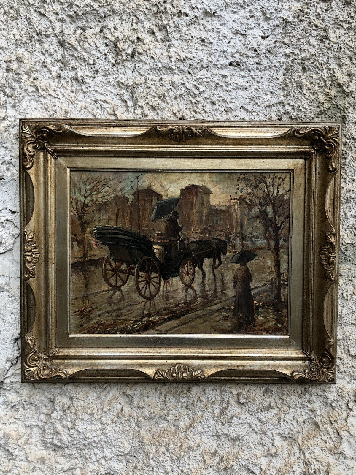 Quadro vintage -Carrozza Con Figure- dipinto a olio su tavoletta