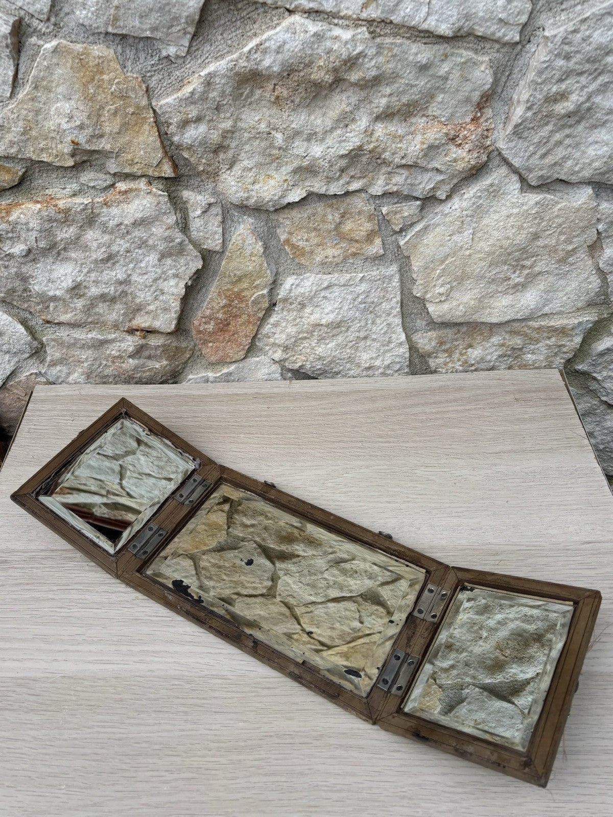 Specchio Trittico Da Barbiere Vintage In Legno Con Vetro Molato
