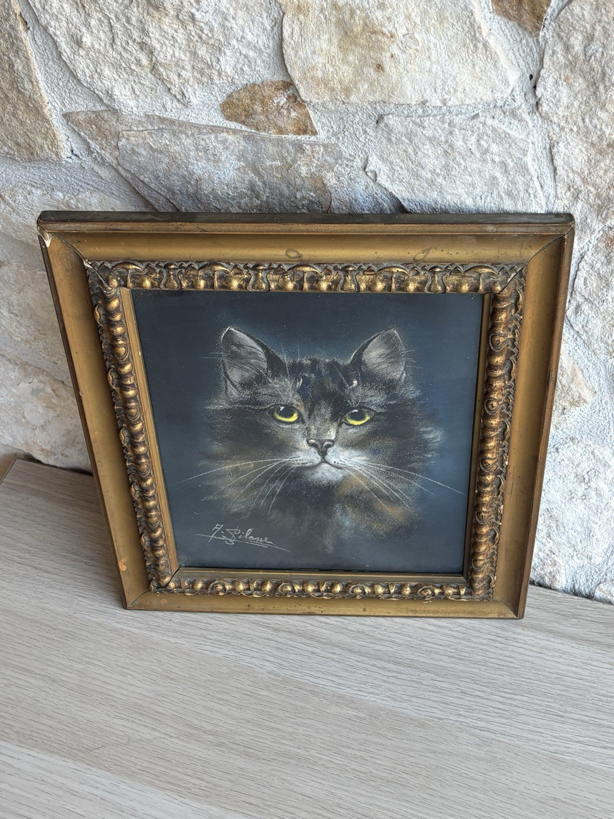 Quadro antico -Figura Gatto- pastello su carta