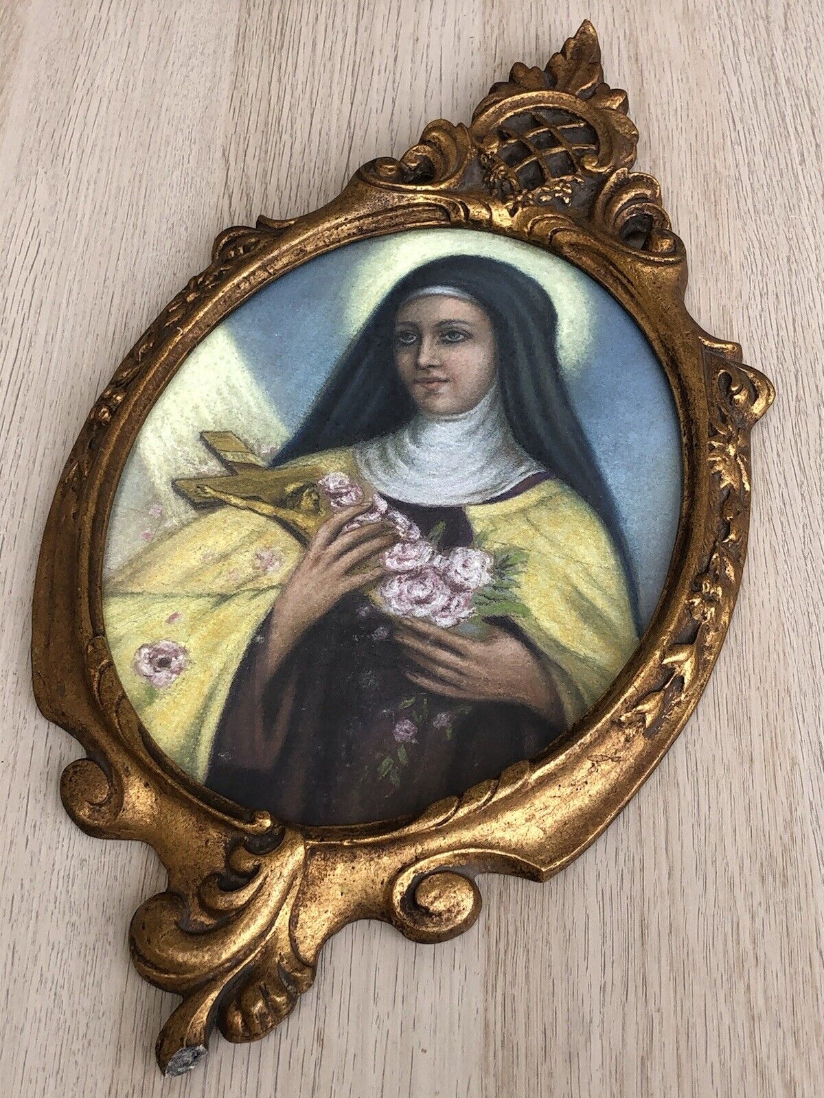 Quadro vintage -Santa Rita Da Cascia- realizzato  a pastello su cartoncino