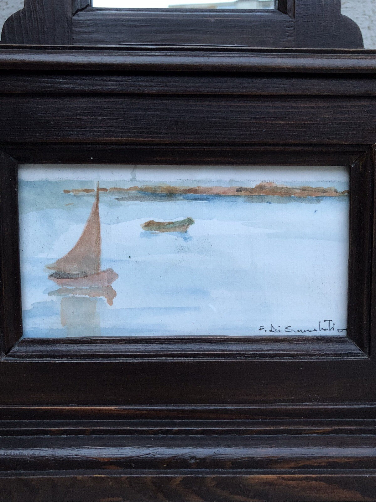 Specchiera in legno vintage con dipinto su cartoncino