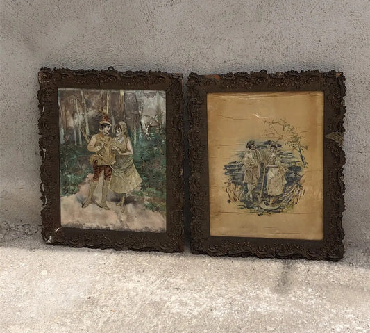Coppia di quadri antichi ricamati e dipinti su raso in seta e cotone- tec. mista