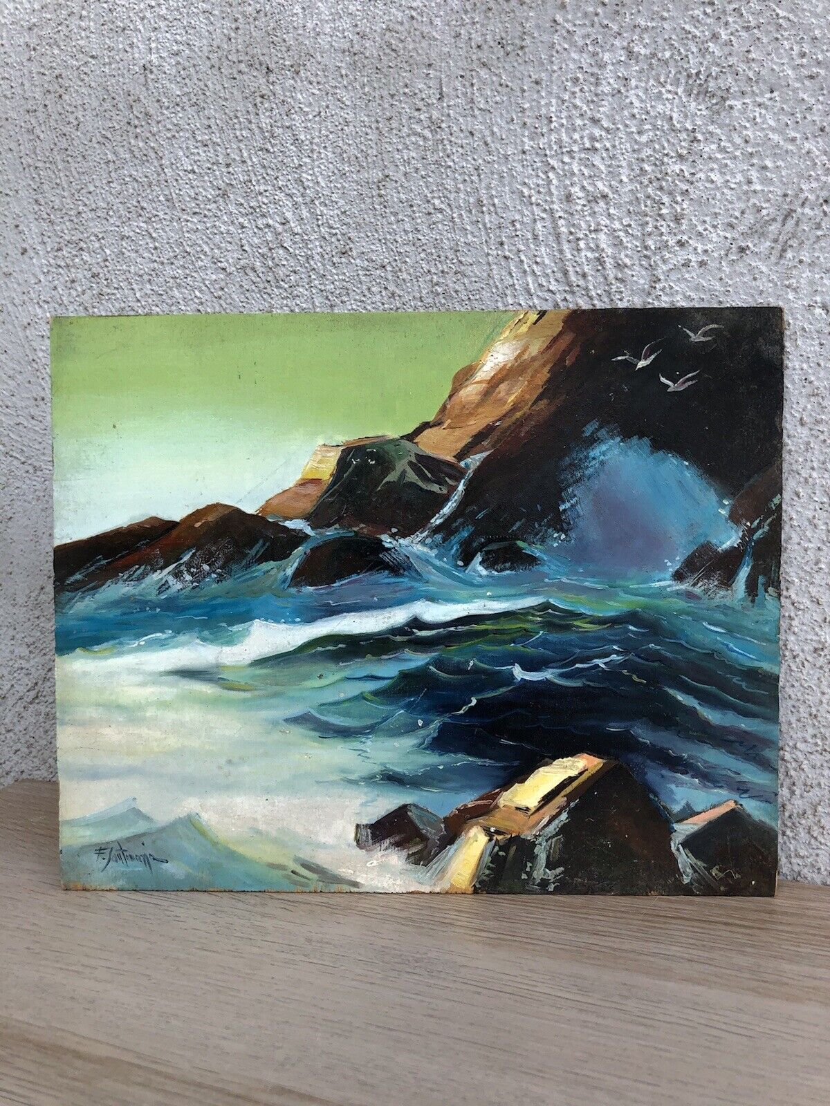 Quadro vintage -Mareggiata- dipinto a olio su tavola