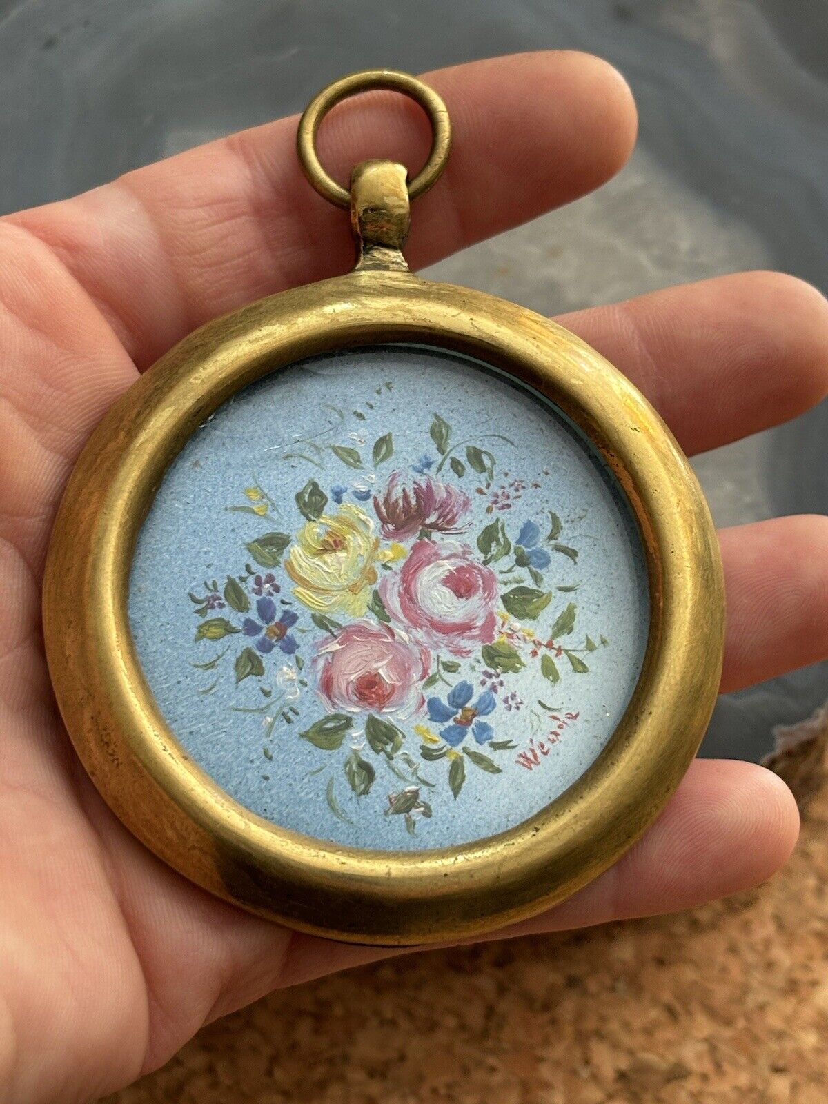 Quadretto Vintage Miniatura Fiori Dipinto A Olio