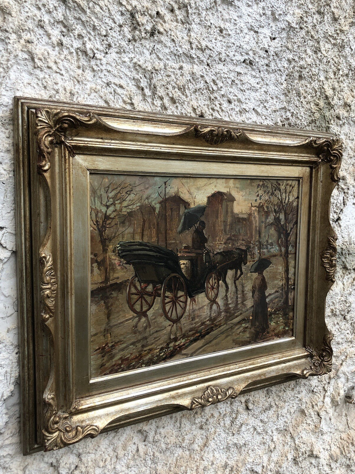 Quadro vintage -Carrozza Con Figure- dipinto a olio su tavoletta