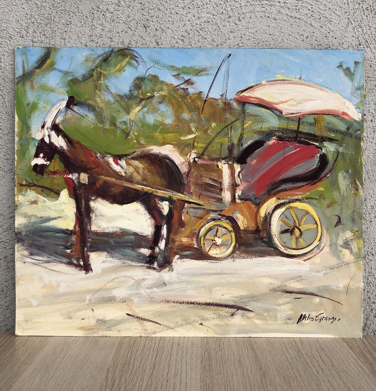 Quadro vintage -Carrozza Con Cavallo- dipinto a tecnica mista su cartoncino