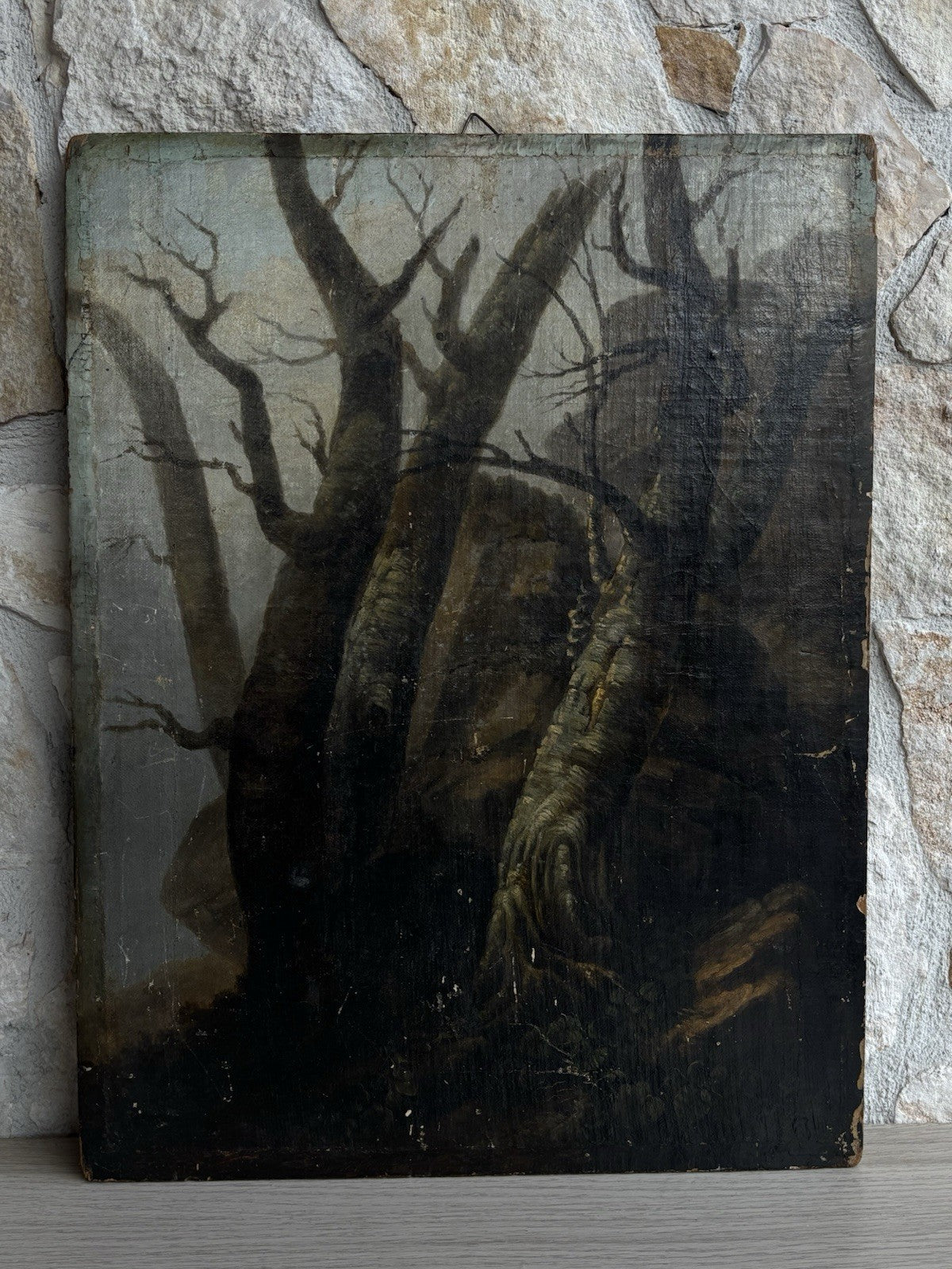 Quadro antico -Paesaggio Con Alberi- dipinto a olio su tavola
