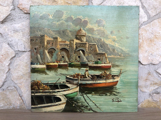 Quadro vintage -Marina Con Pescatori- dipinto a olio su tavoletta