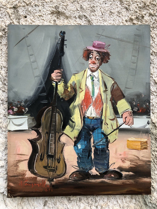 Quadro Vintage -Clown Al Circo- Dipinto A Olio Su Tela