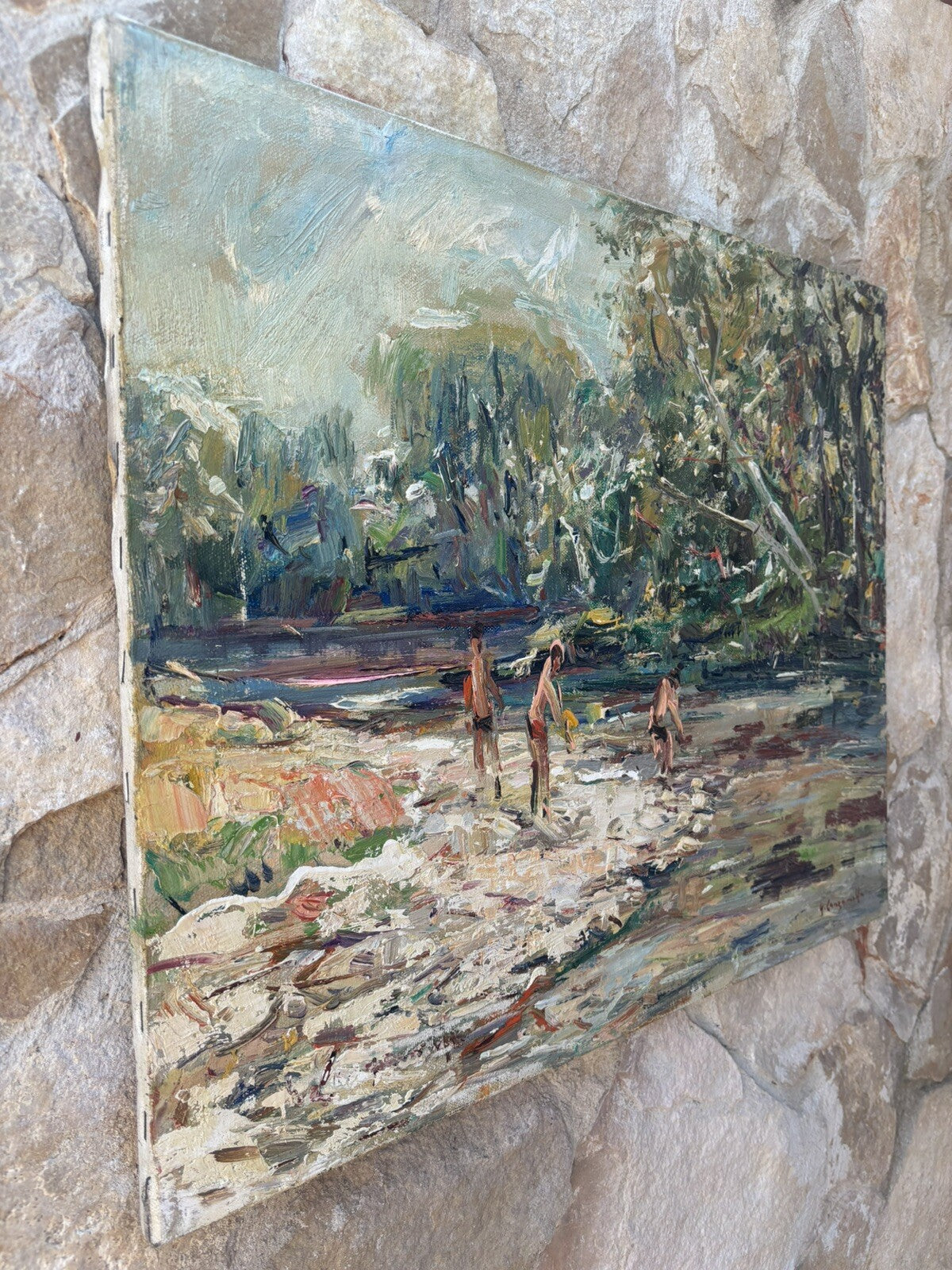 Quadro vintage -Bagnanti Al Fiume- dipinto a olio su tela