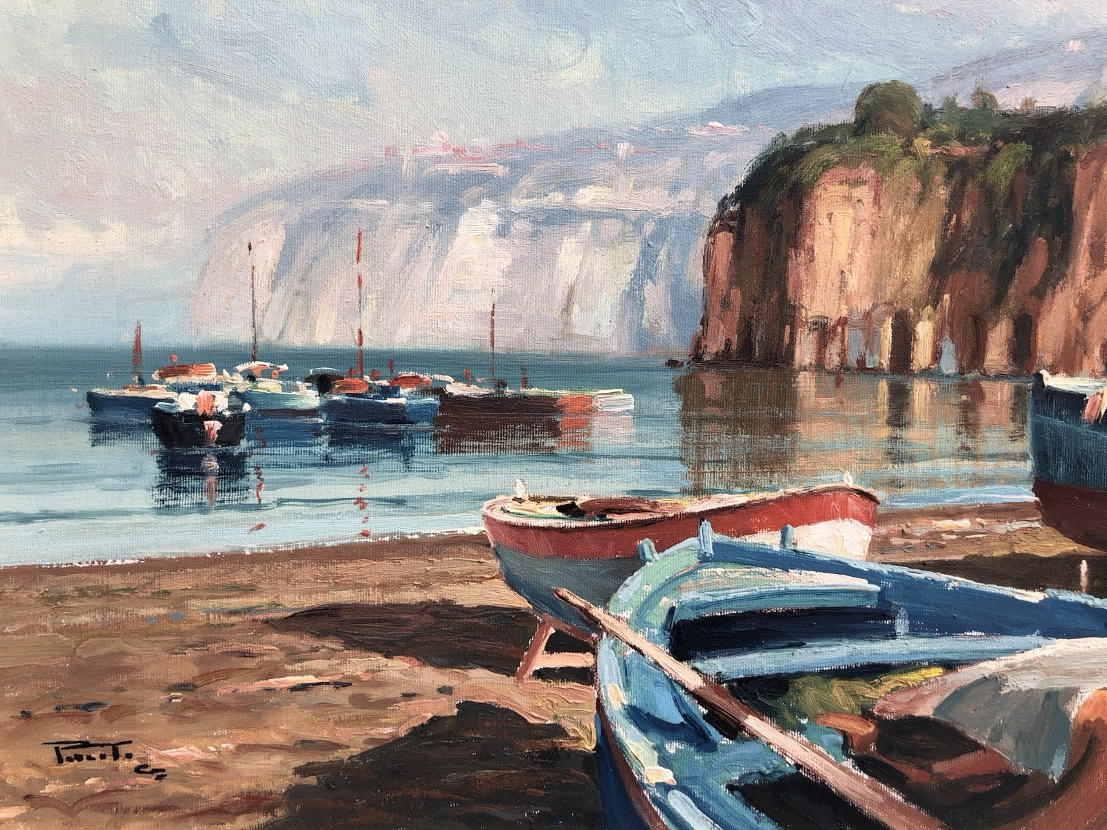 Quadro -Marina Con Barche- dipinto a olio su tela