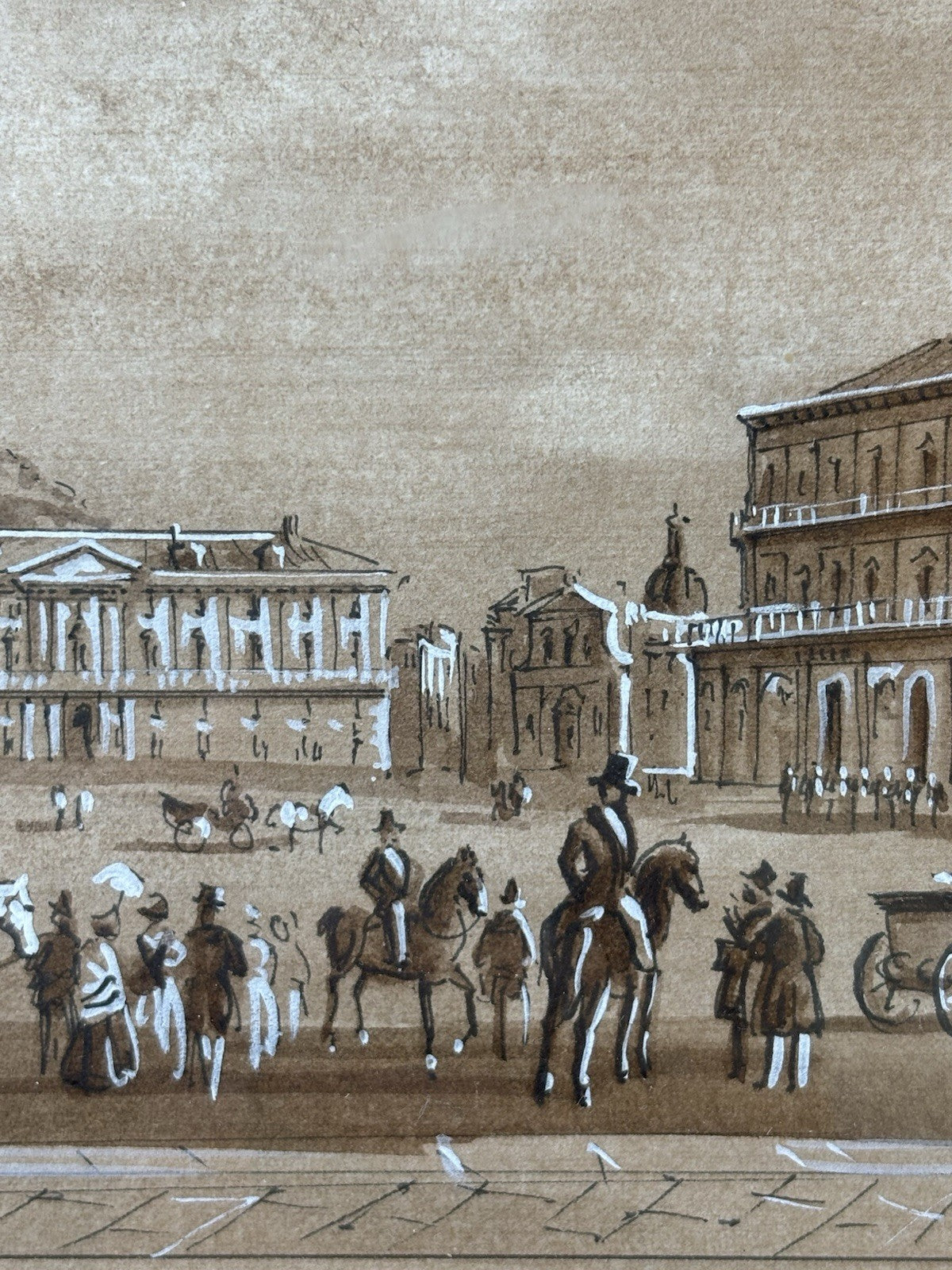 Quadro antico -Napoli, Piazza Plebiscito- realizzato a tecnica mista su carta