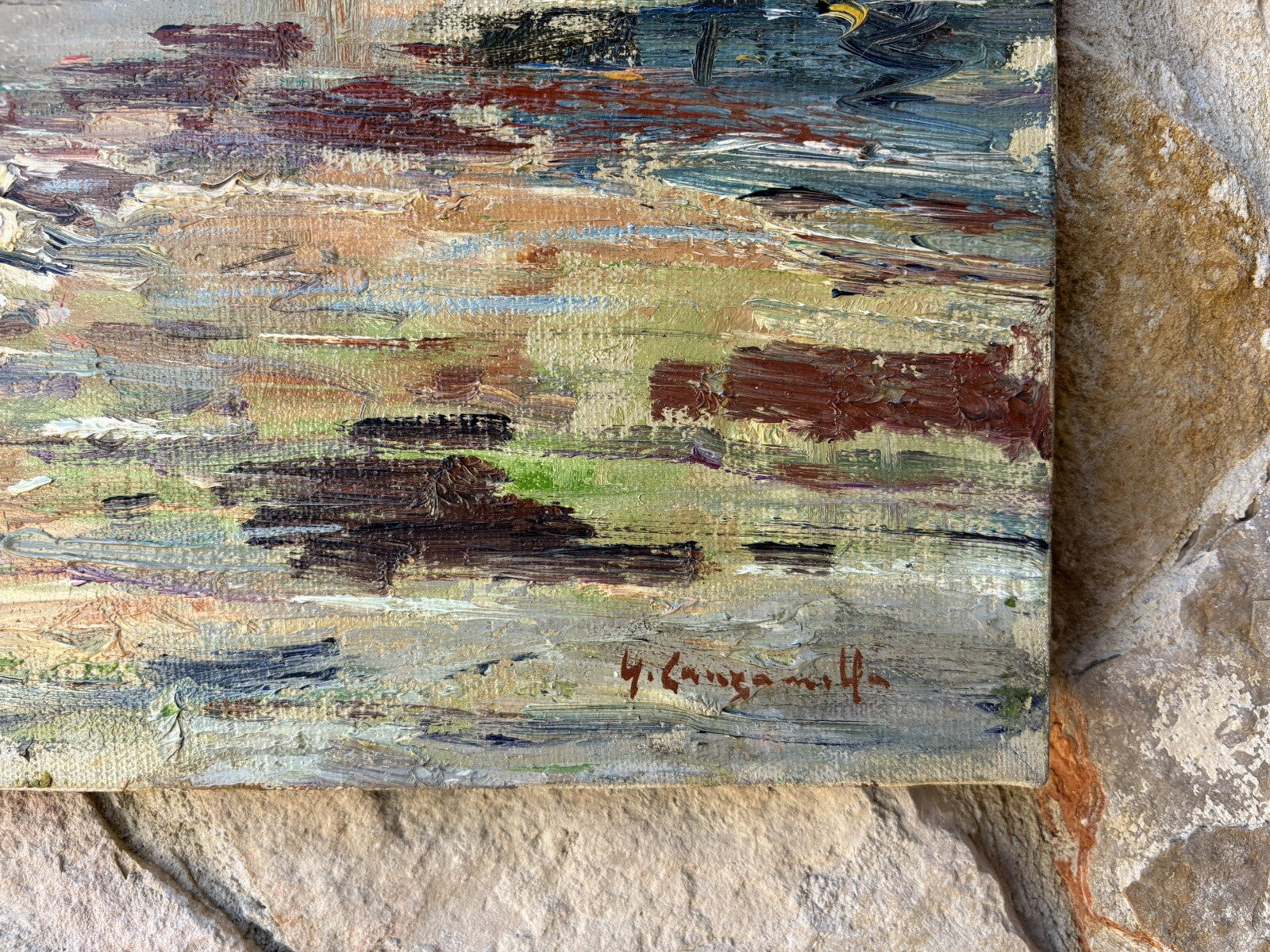 Quadro vintage -Bagnanti Al Fiume- dipinto a olio su tela