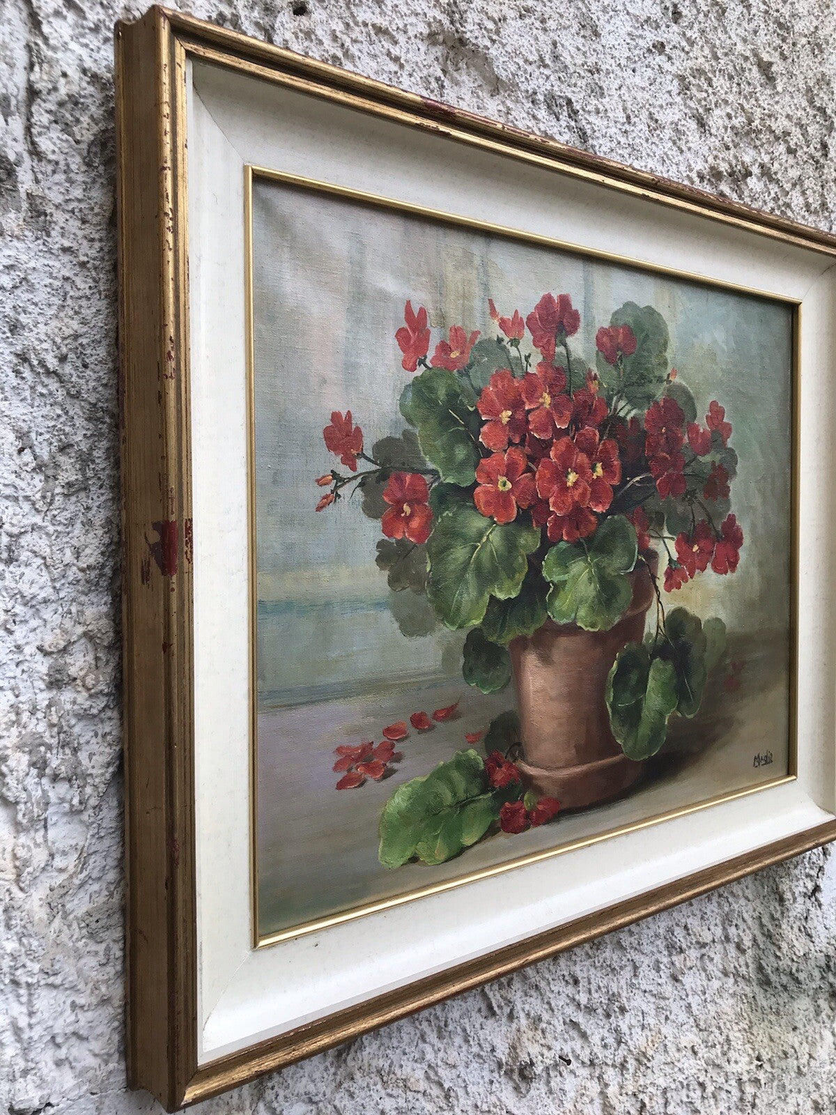 QUADRO VINTAGE -VASO CON GERANI-DIPINTO A OLIO SU TELA