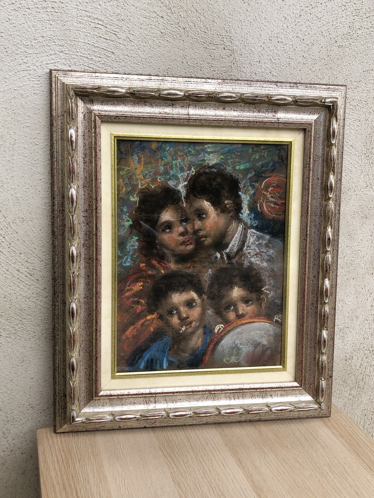 Quadro vintage -Figure Scugnizzi- realizzato a pastello su tavoletta