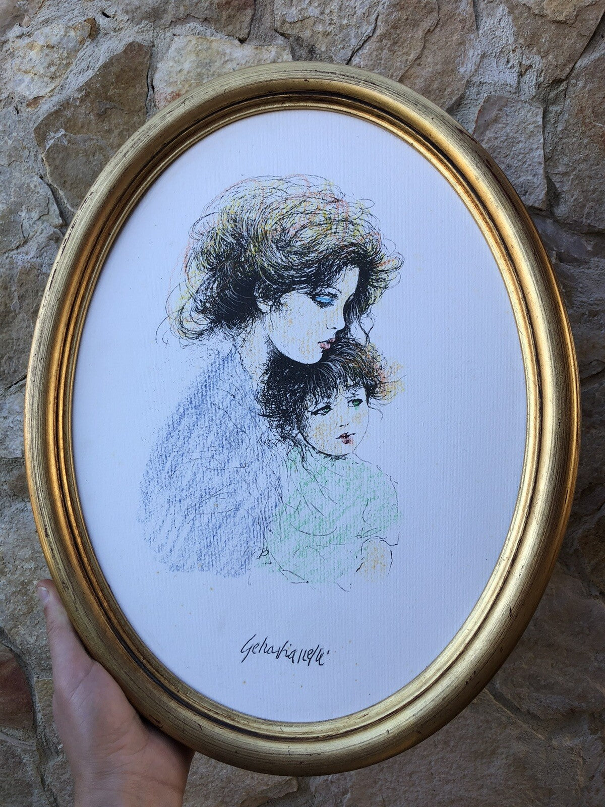 Quadro Vintage Dipinto A Tecnica Mista Su Carta -Maternità-