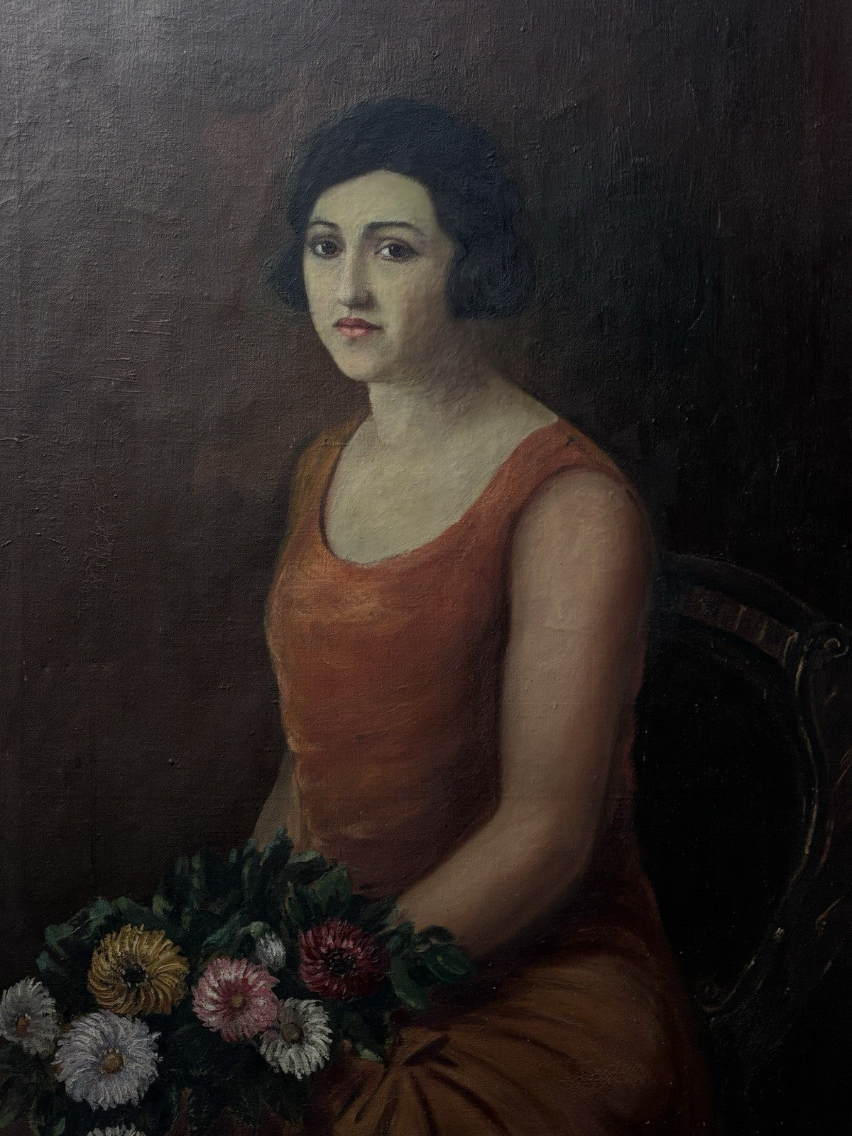 Grande quadro antico -Ritratto Di Donna- dipinto a olio su tela