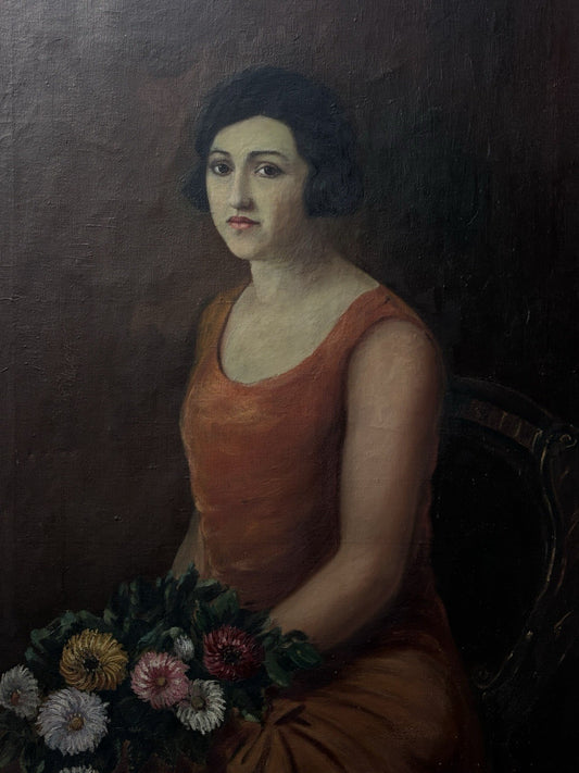 Grande quadro antico -Ritratto Di Donna- dipinto a olio su tela