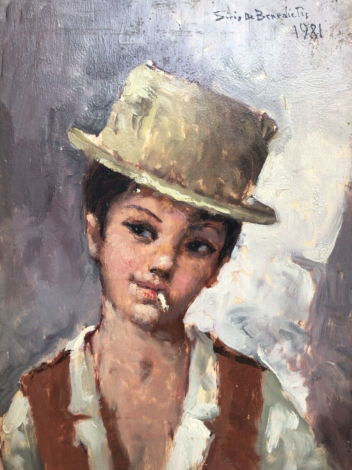 Quadro vintage -Scugnizzo Con Sigaretta- dipinto a olio su tavoletta