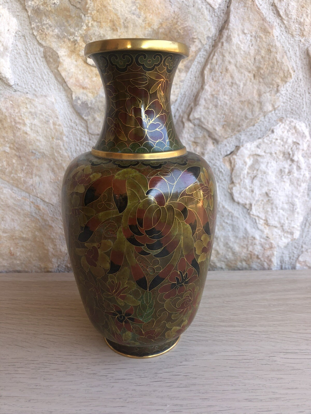 Vaso Vintage In Ottone E Cloisonne Cinese