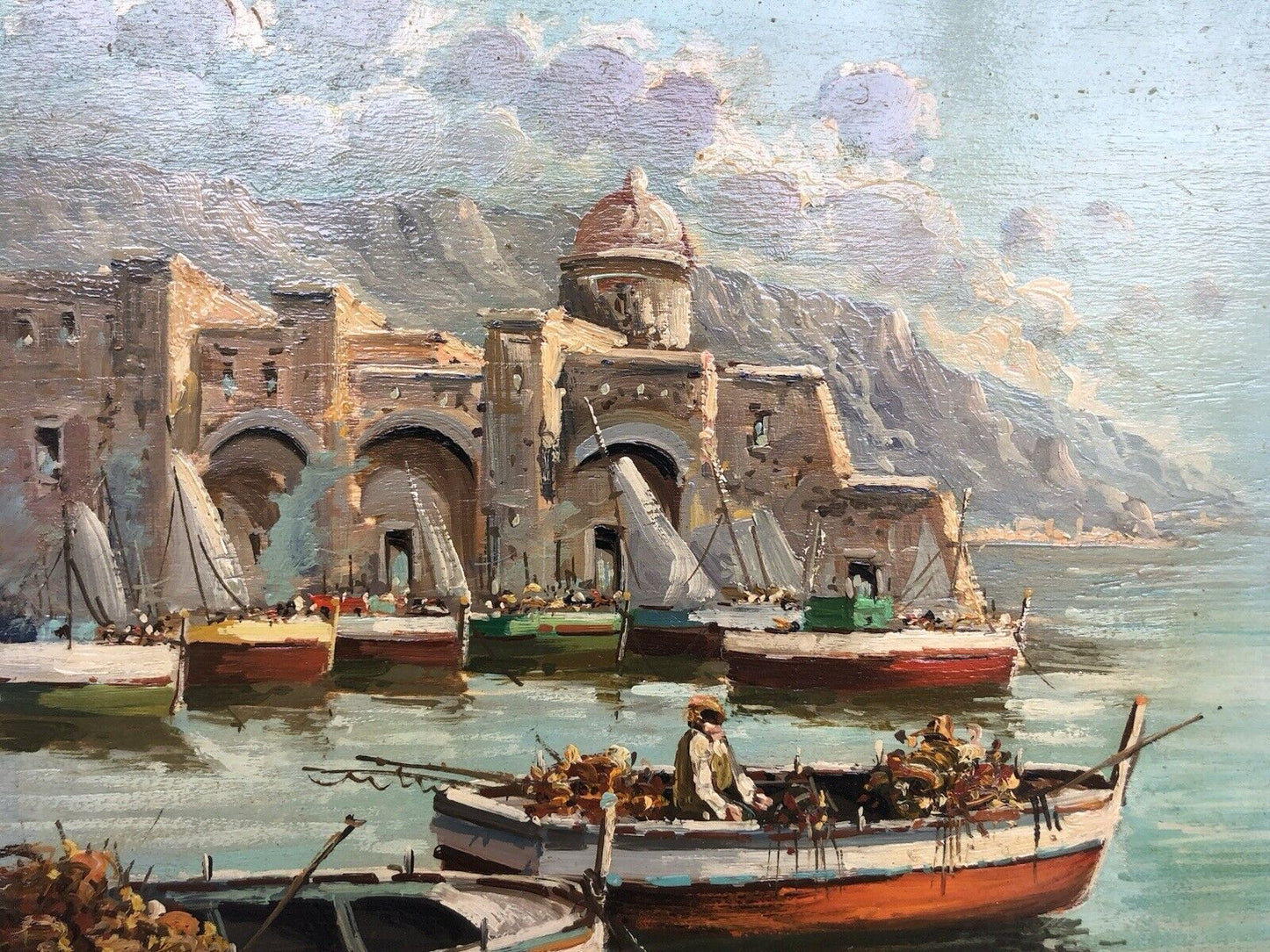 Quadro vintage -Marina Con Pescatori- dipinto a olio su tavoletta