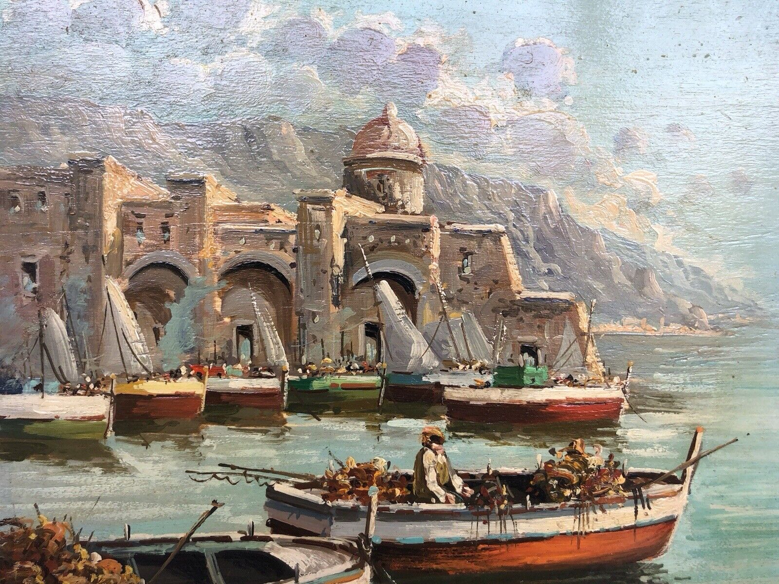 Quadro vintage -Marina Con Pescatori- dipinto a olio su tavoletta