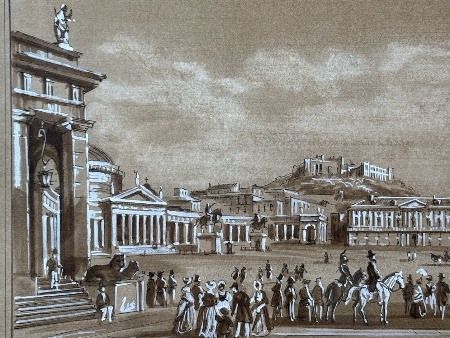 Quadro antico -Napoli, Piazza Plebiscito- realizzato a tecnica mista su carta