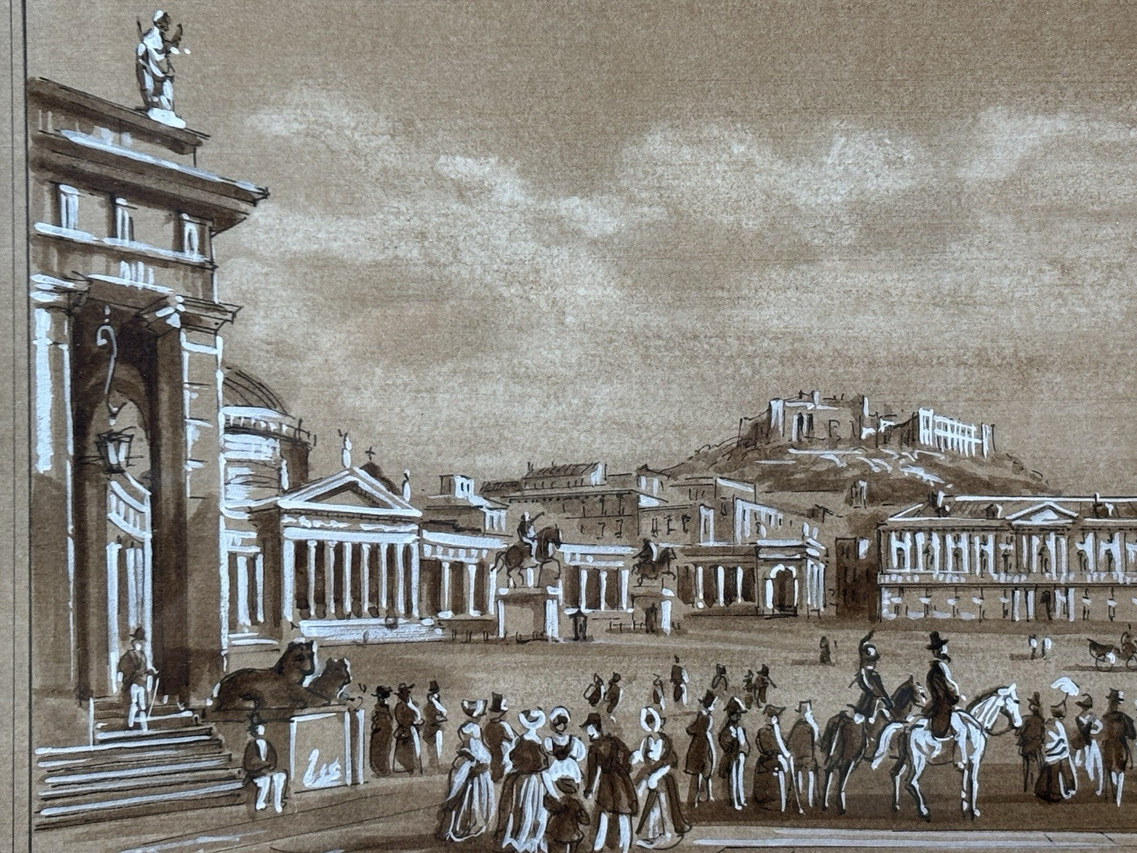 Quadro antico -Napoli, Piazza Plebiscito- realizzato a tecnica mista su carta