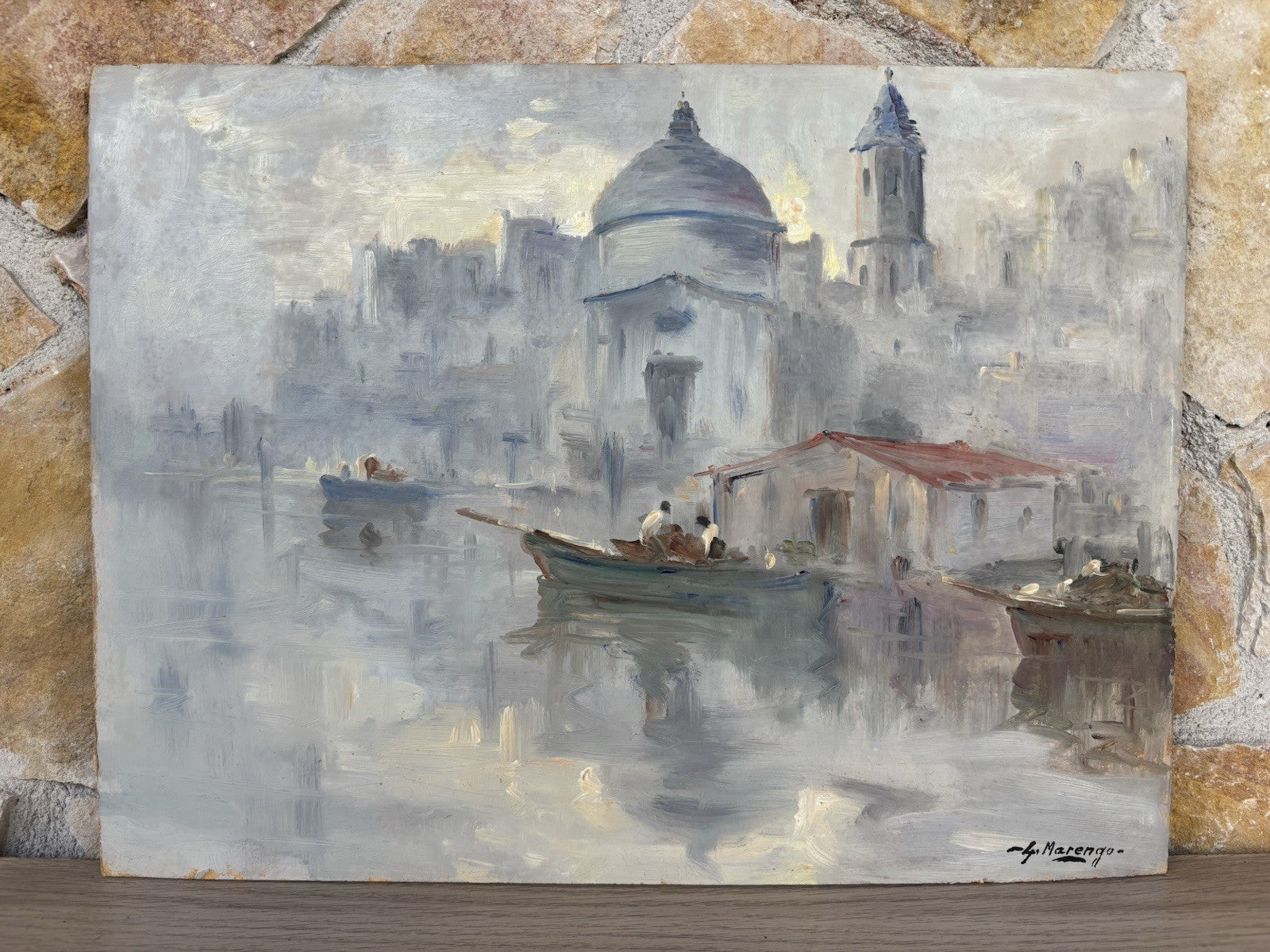 Quadro -Marina Con Barche- dipinto a olio