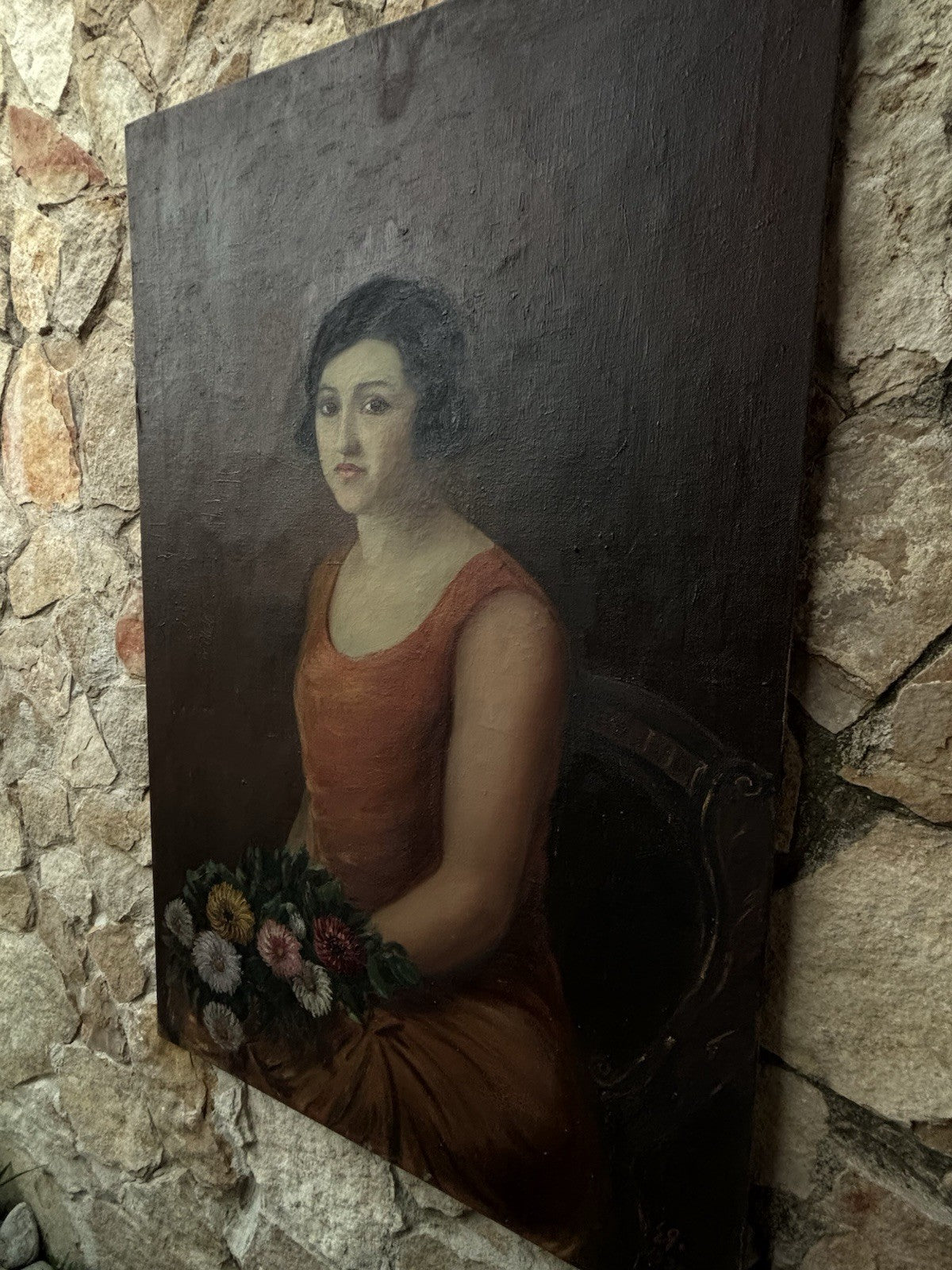 Grande quadro antico -Ritratto Di Donna- dipinto a olio su tela