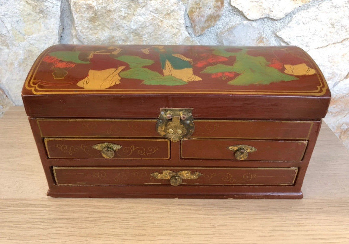 Scatola Orientale Portagioie Vintage In Legno Con Specchio Interno