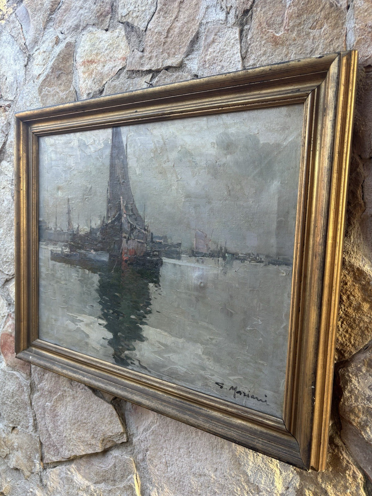 Quadro -Marina Con Barche- dipinto a olio su tela