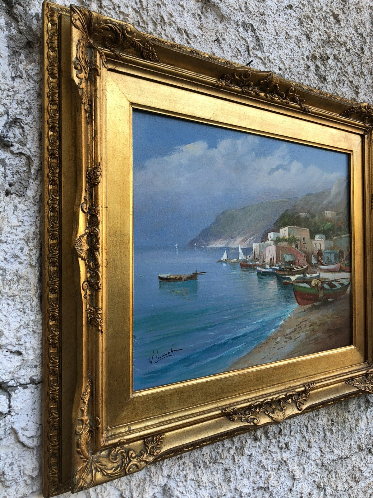 Quadro vintage -Marina Con Barche- dipinto a olio