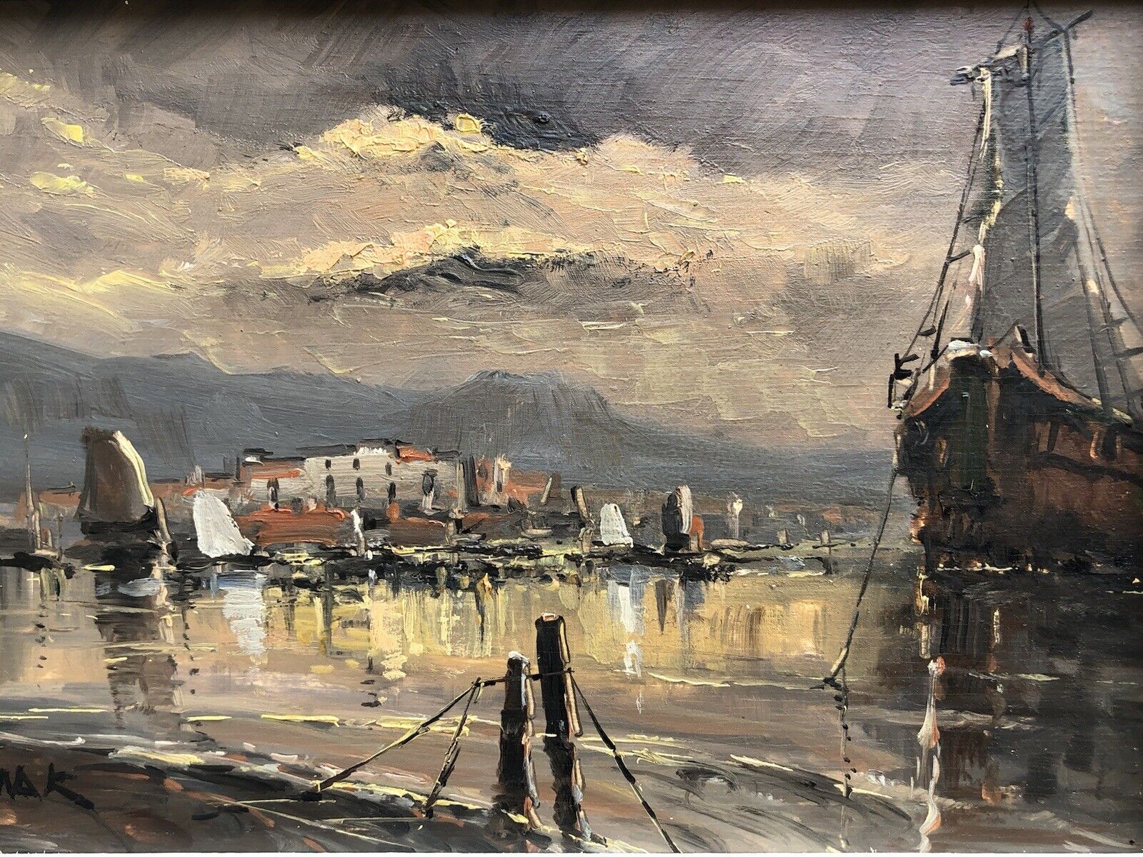 Quadro vintage -Marina Al Tramonto- dipinto a olio su tavoletta