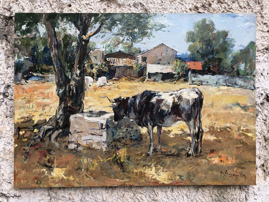 Quadro -Paesaggio Con Mucca- dipinto a olio su tela