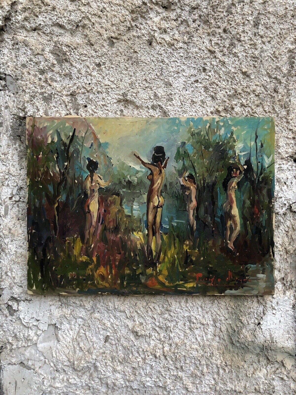 Quadro vintage -Bagnanti- dipinto a olio su tela