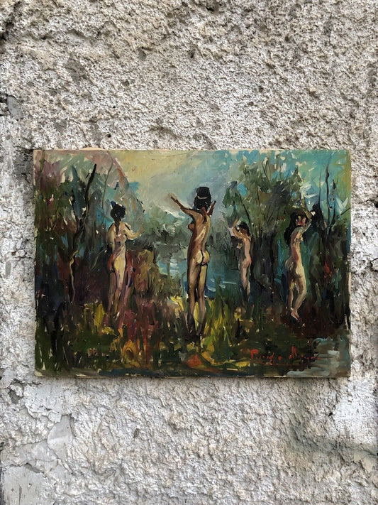 Quadro vintage -Bagnanti- dipinto a olio su tela