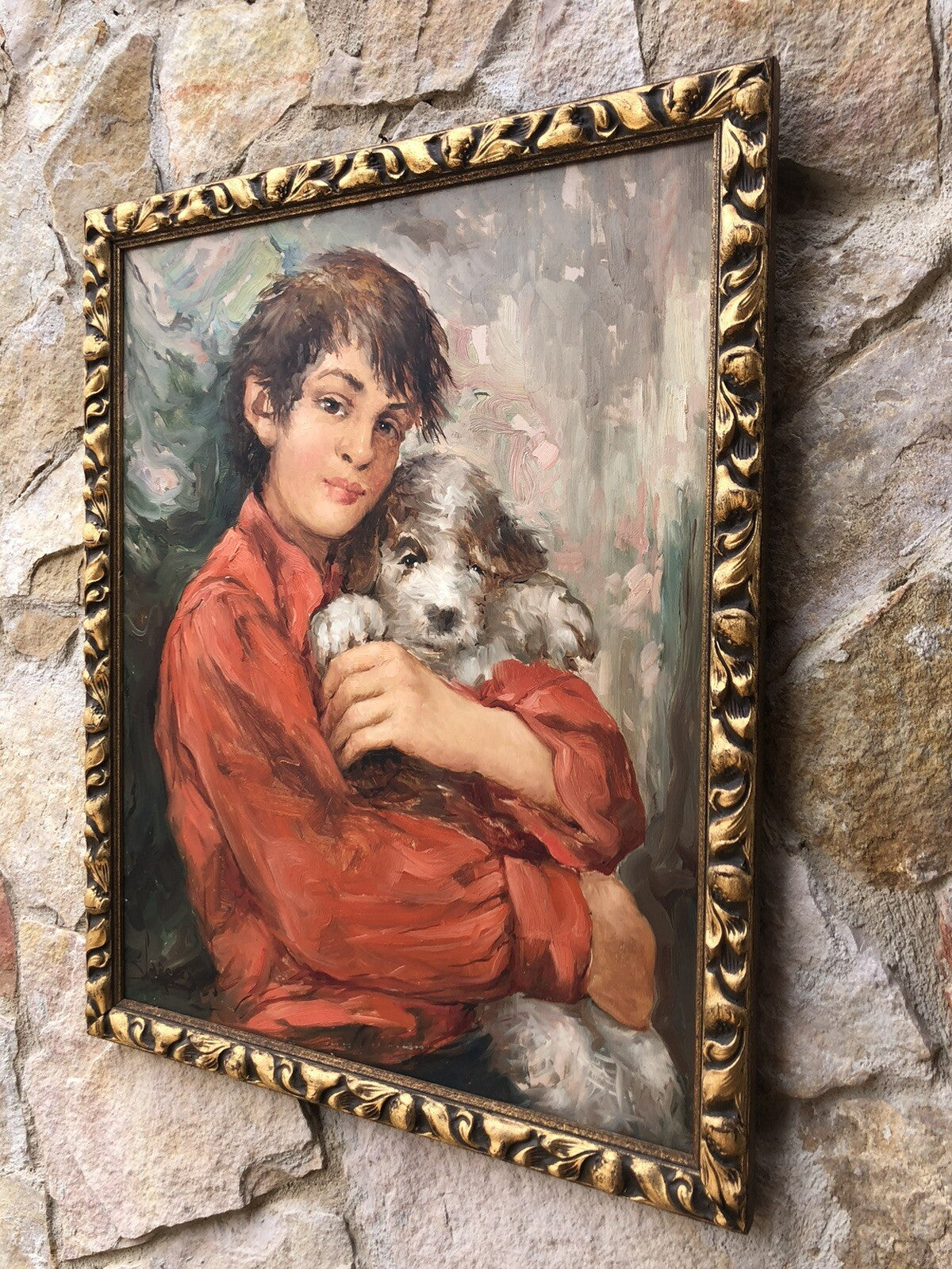 Quadro vintage -Fanciullo Con Cagnolino- dipinto a olio