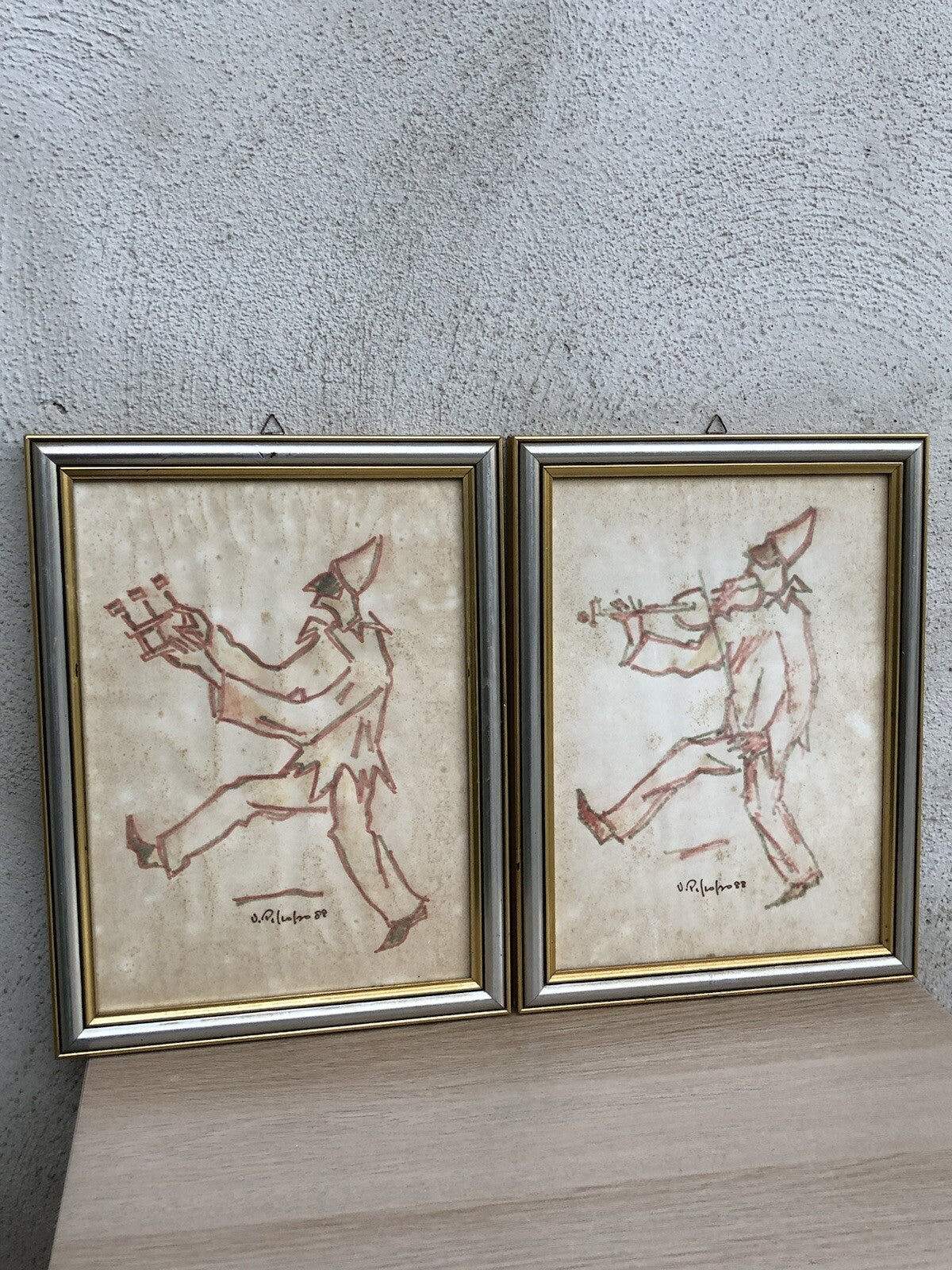 Coppia di quadri -Pulcinella- Vittorio Pisco a tecnica mista su carta
