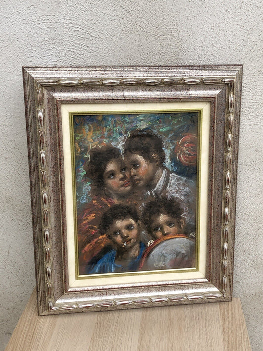 Quadro vintage -Figure Scugnizzi- realizzato a pastello su tavoletta
