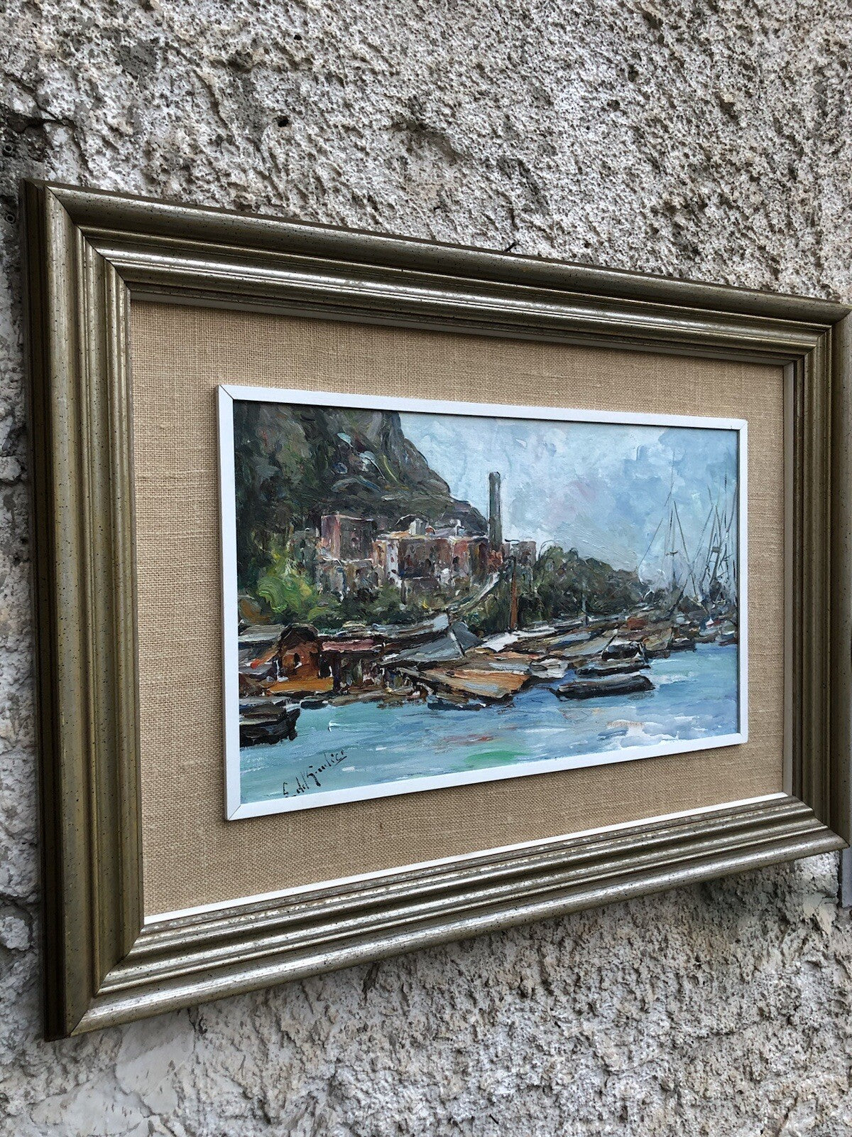 Quadro vintage -Marina Con Barche- dipinto a olio