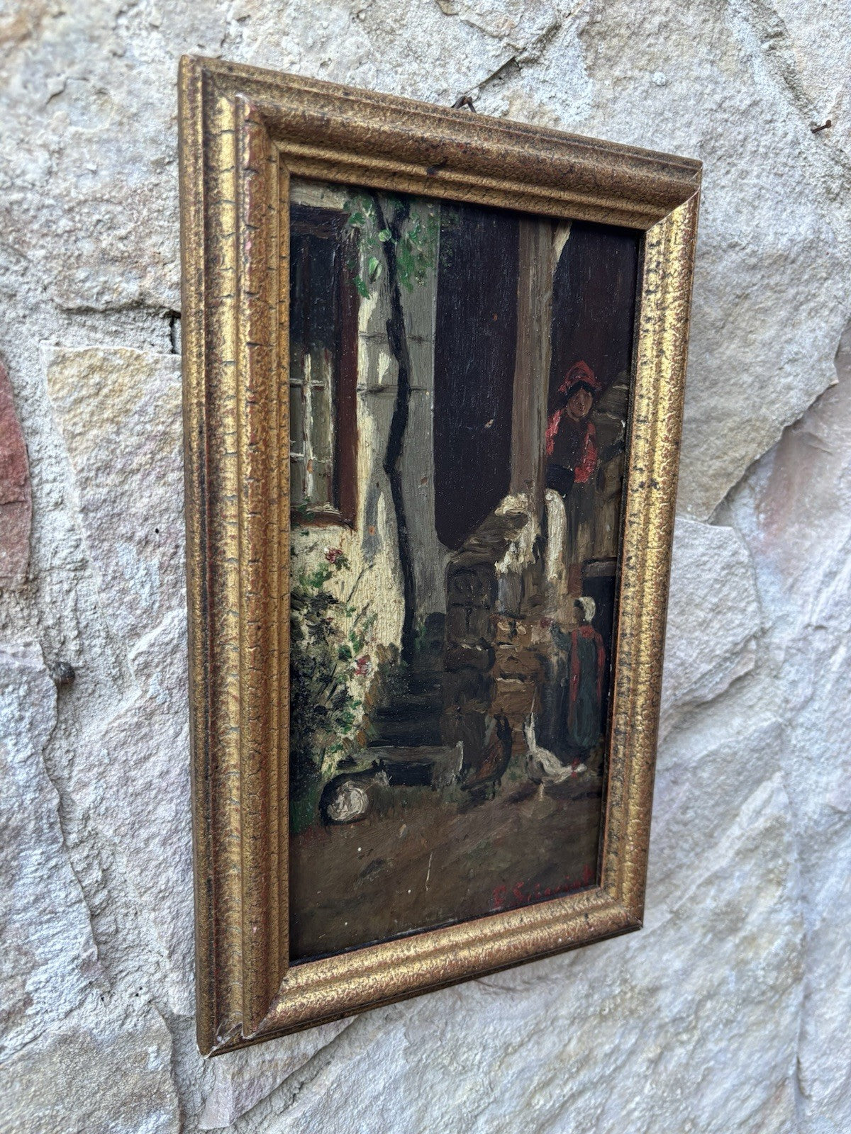 Quadro miniatura antico -Cortile- dipinto a olio su tavoletta