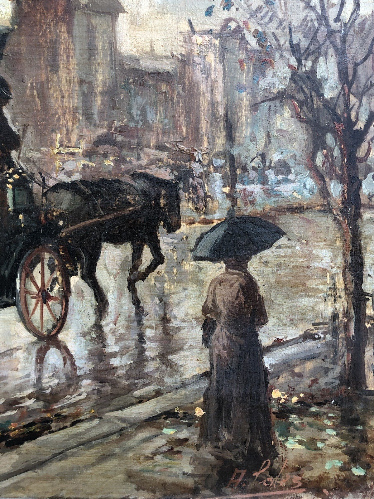 Quadro vintage -Carrozza Con Figure- dipinto a olio su tavoletta