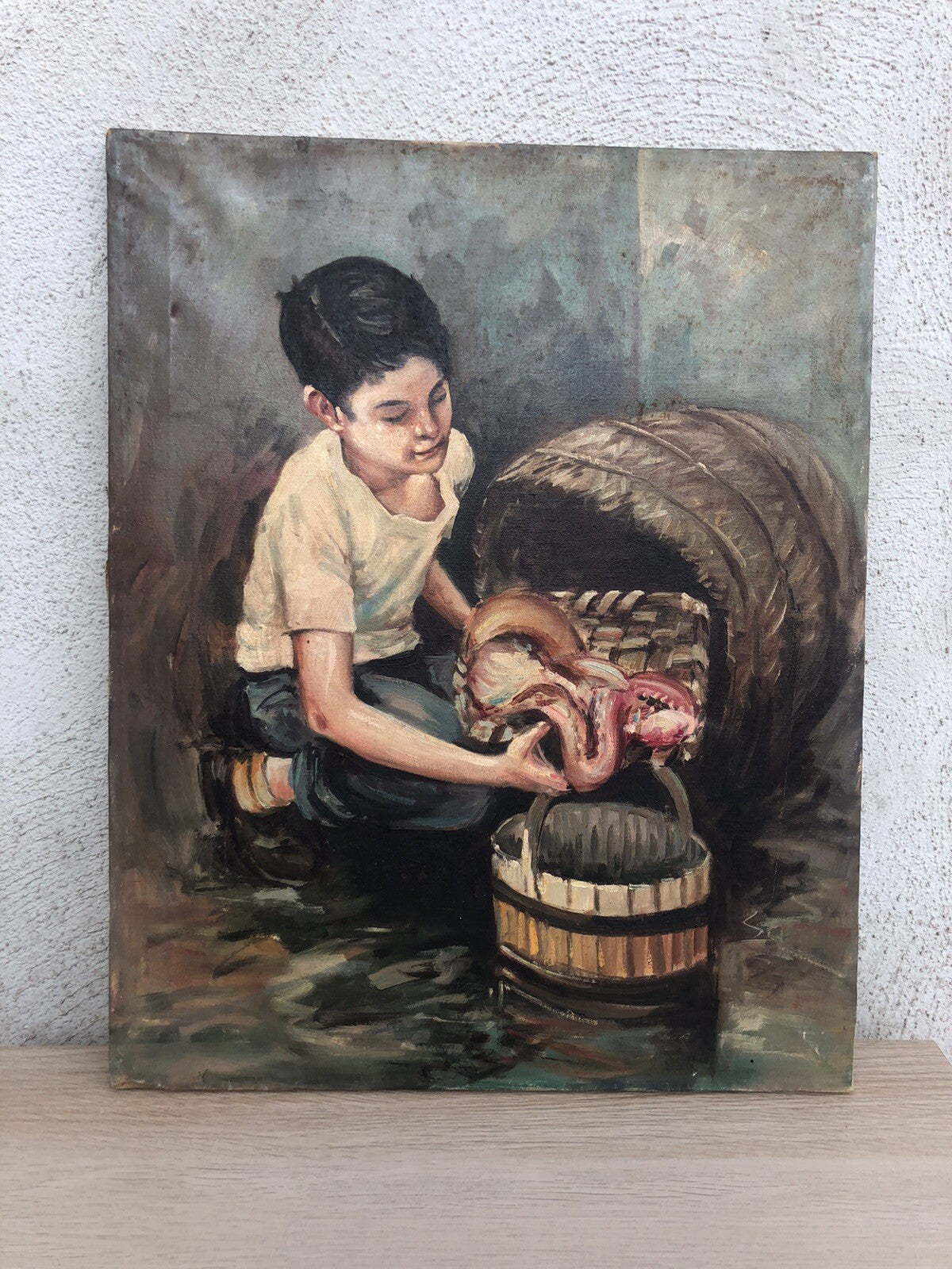 Quadro vintage -Pescivendolo- dipinto a olio su tela
