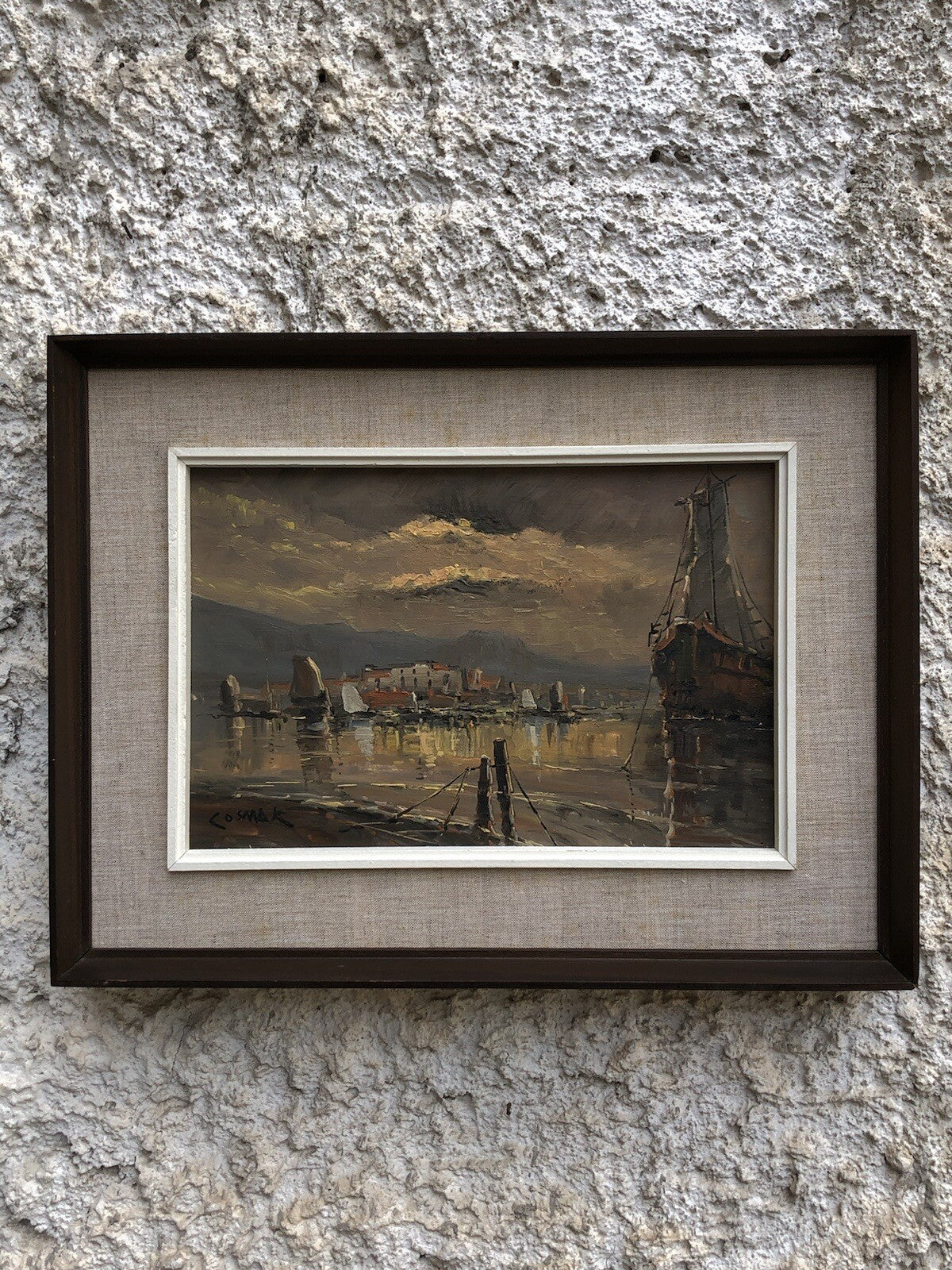 Quadro vintage -Marina Al Tramonto- dipinto a olio su tavoletta