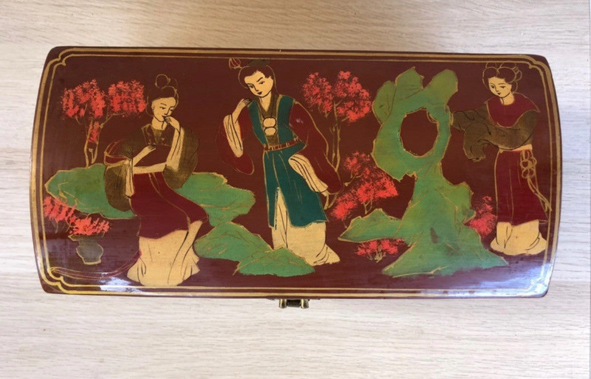 Scatola Orientale Portagioie Vintage In Legno Con Specchio Interno